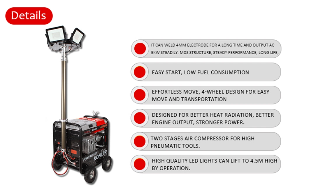 5kw 5kVA 4 in 1 Lighting Tower Portable Welding Generator 180 AMP Welder Welding Machine